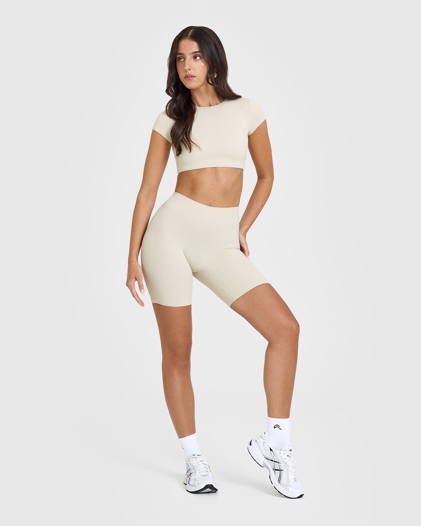 SoftMotion™ Cycling Shorts 8" with White Logo | Sand
