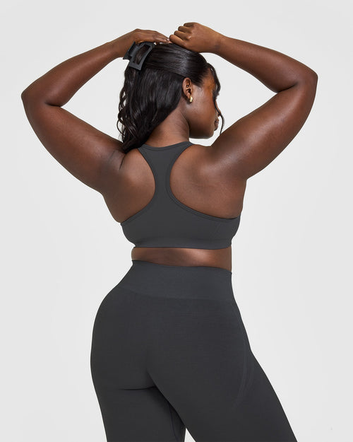 Effortless Seamless Racer Back Sports Bra with White Logo | Coal