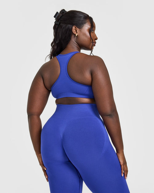 Effortless Seamless Racer Back Sports Bra with White Logo | Space Blue