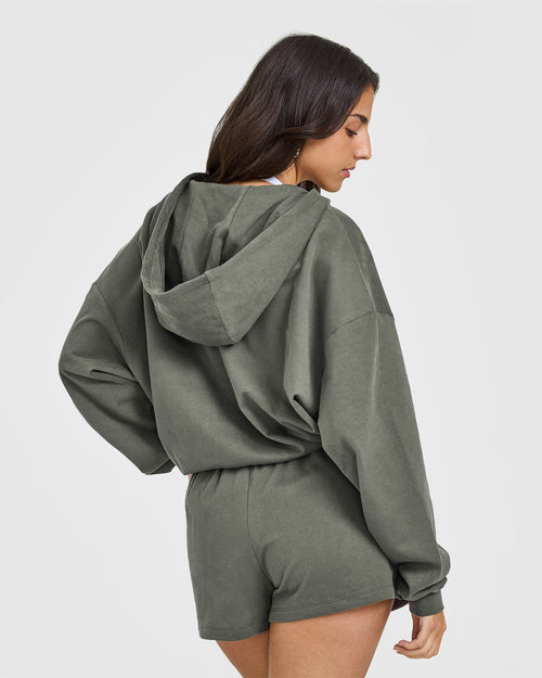 Lightweight Zip Through Hoodie with Graphic | Dark Khaki