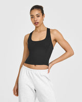 Mellow™ Rib Square Neck Mid Vest with Built in Bra Shelf | Soft Black