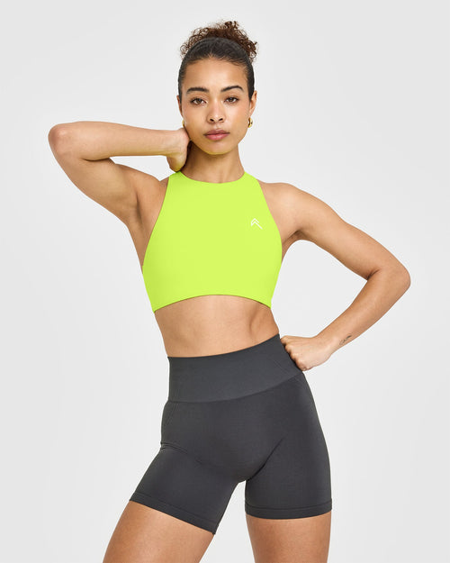 EasyLift™ High Neck Sports Bra with White Logo | Charged Lime Green