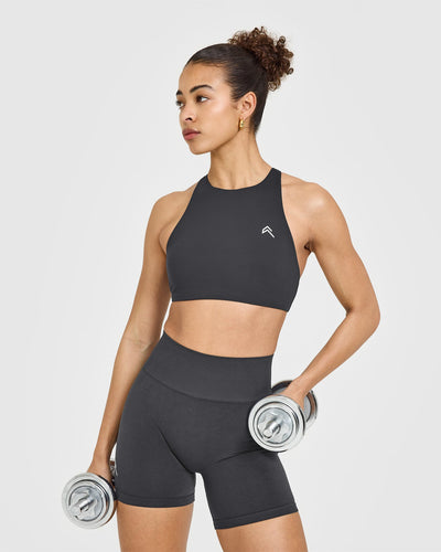 EasyLift™ High Neck Sports Bra with White Logo | Coal