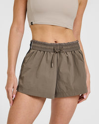 Oversized Piped Woven Track Shorts | Moss Brown