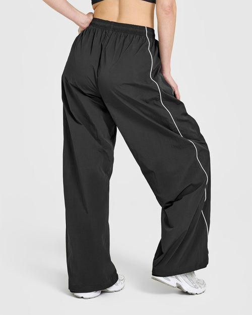 Oversized Piped Woven Straight Leg Track Bottoms | Soft Black
