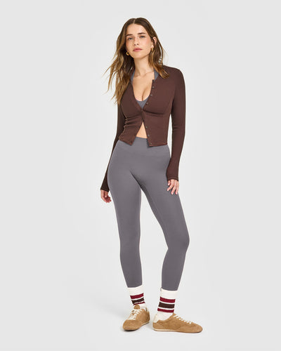 Mellow™ Rib Mid Long Sleeve Cardigan | Copper Brown