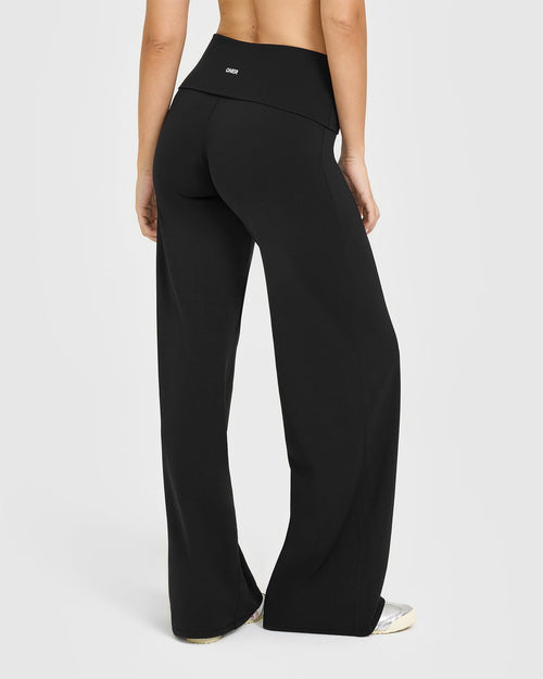 SoftMotion™ Fold Over Straight Leg Bottoms with White Logo | Black