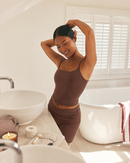 SoftMotion™ Strappy Mid Vest with Built in Bra Shelf with White Logo | Espresso Brown