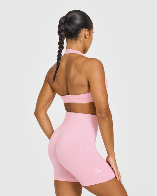 Effortless Seamless Halter Neck Sports Bra with White Logo | Petal Pink