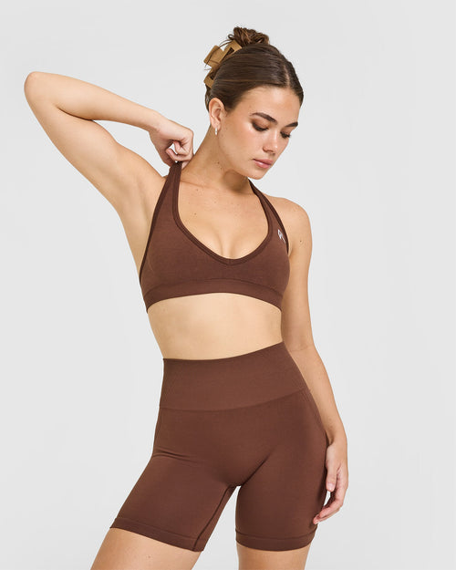 Oner Modal Effortless Seamless Halter Neck Sports Bra with White Logo | Rustic Brown