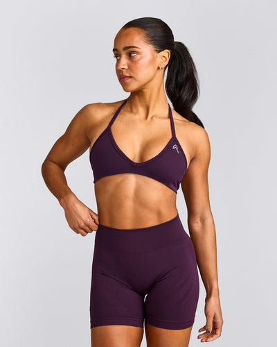 EnhanceLift™ Seamless Minimal Halter Neck Bralette with Grey Logo | Blackberry Purple