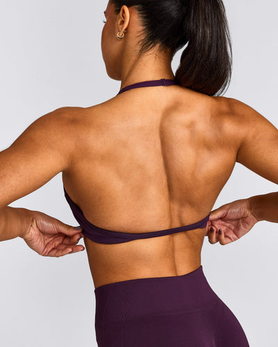 EnhanceLift™ Seamless Minimal Halter Neck Bralette with Grey Logo | Blackberry Purple