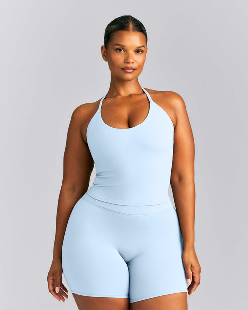 SoftMotion™ Strappy Halter Neck Mid Tank Top with Built in Bra Shelf New Branding | Mist Blue