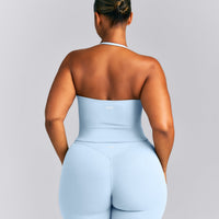 SoftMotion™ Strappy Halter Neck Mid Tank Top with Built in Bra Shelf New Branding | Mist Blue