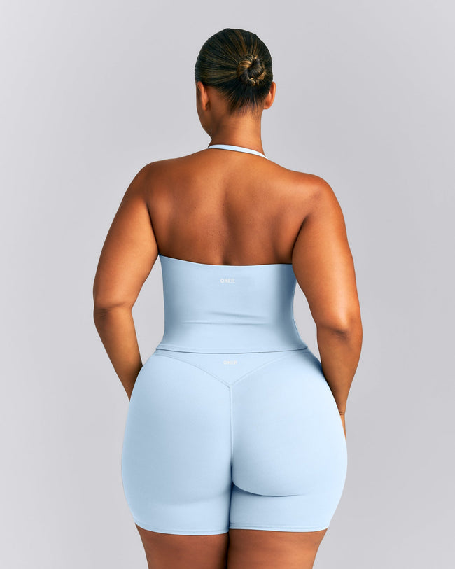 SoftMotion™ Strappy Halter Neck Mid Tank Top with Built in Bra Shelf New Branding | Mist Blue