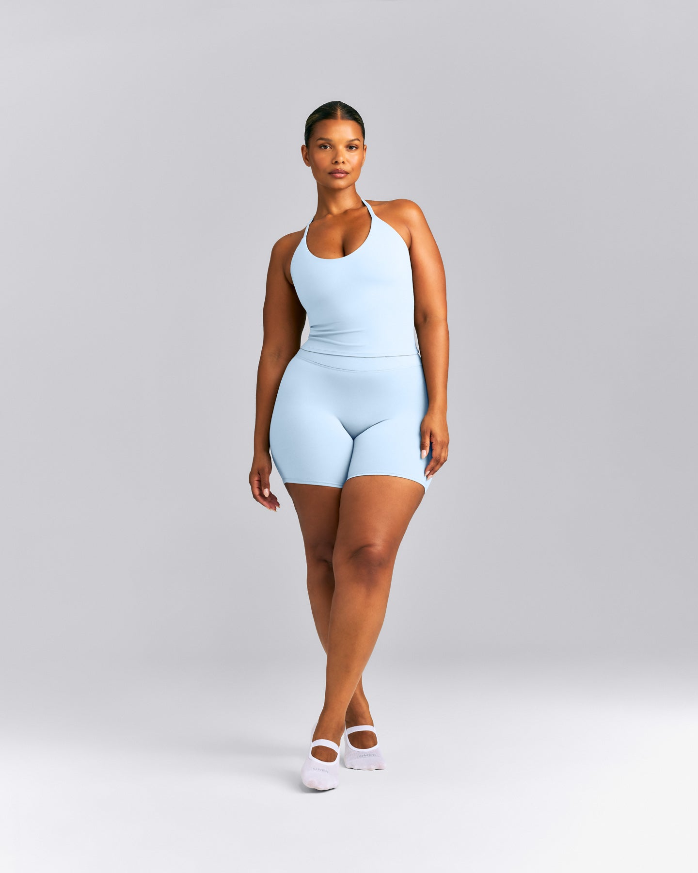 SoftMotion™ Strappy Halter Neck Mid Tank Top with Built in Bra Shelf New Branding | Mist Blue