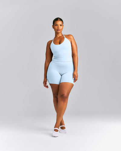 SoftMotion™ Strappy Halter Neck Mid Tank Top with Built in Bra Shelf New Branding | Mist Blue