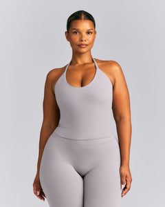 SoftMotion™ Strappy Halter Neck Mid Tank Top with Built in Bra Shelf New Branding | Zinc Gray