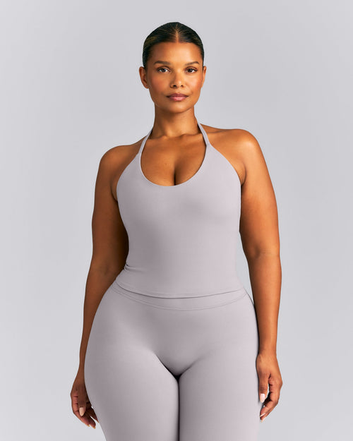 SoftMotion™ Strappy Halter Neck Mid Tank Top with Built in Bra Shelf New Branding | Zinc Gray