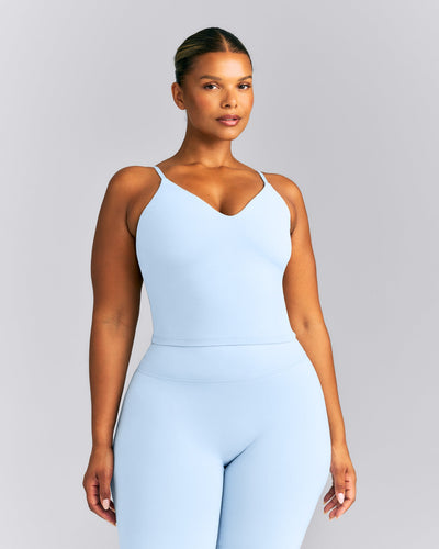 SoftMotion™ Adjustable V Neck Mid Tank Top with Built in Bra Shelf New Branding | Mist Blue