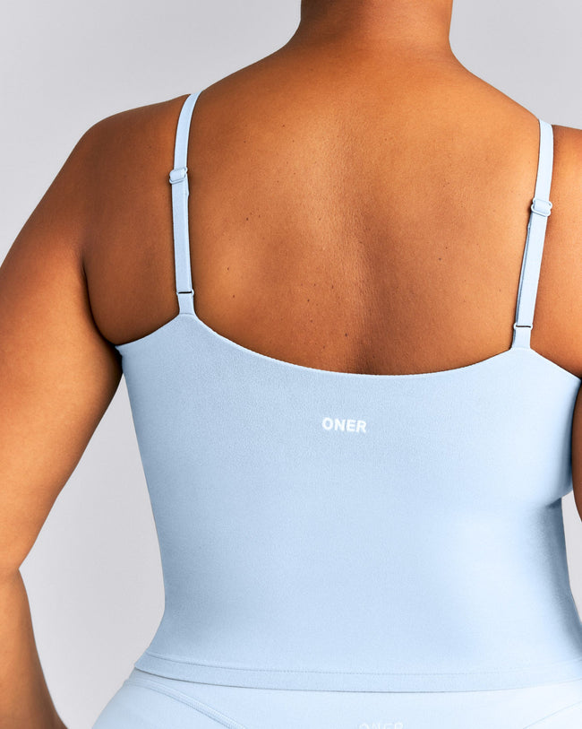 SoftMotion™ Adjustable V Neck Mid Tank Top with Built in Bra Shelf New Branding | Mist Blue