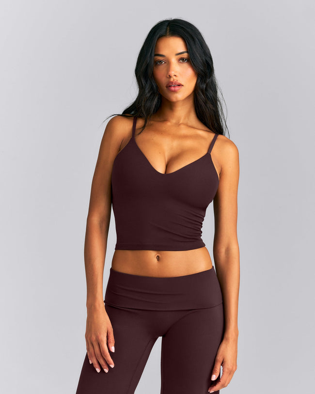 SoftMotion™ V Neck Mid Tank Top with Built in Bra Shelf New Branding | Plum Brown