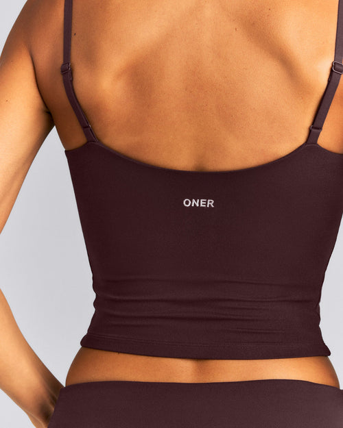 SoftMotion™ Adjustable V Neck Mid Tank Top with Built in Bra Shelf New Branding | Plum Brown