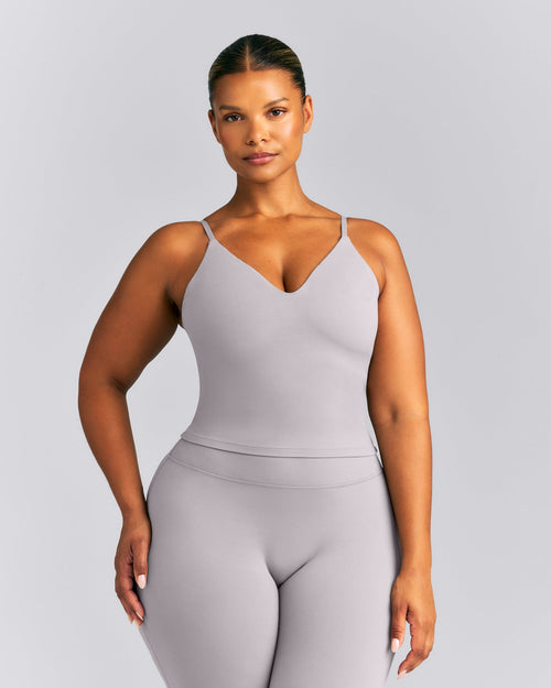 SoftMotion™ Adjustable V Neck Mid Tank Top with Built in Bra Shelf New Branding | Zinc Gray