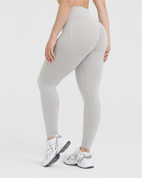 Effortless Seamless Leggings with White Logo | Light Grey Marl