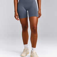EffortlessLift™ Seamless Mid Rise Shorts with Gray Logo | Light Granite Blue