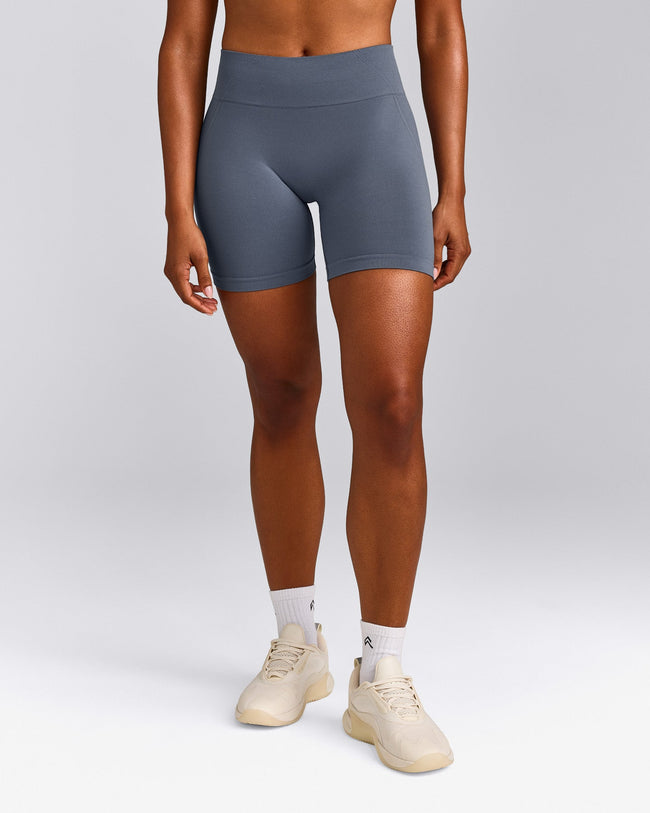 EffortlessLift™ Seamless Mid Rise Shorts with Gray Logo | Light Granite Blue