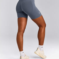 EffortlessLift™ Seamless Mid Rise Shorts with Gray Logo | Light Granite Blue