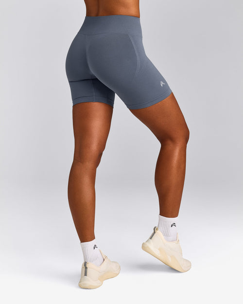 EffortlessLift™ Seamless Mid Rise Shorts with Gray Logo | Light Granite Blue