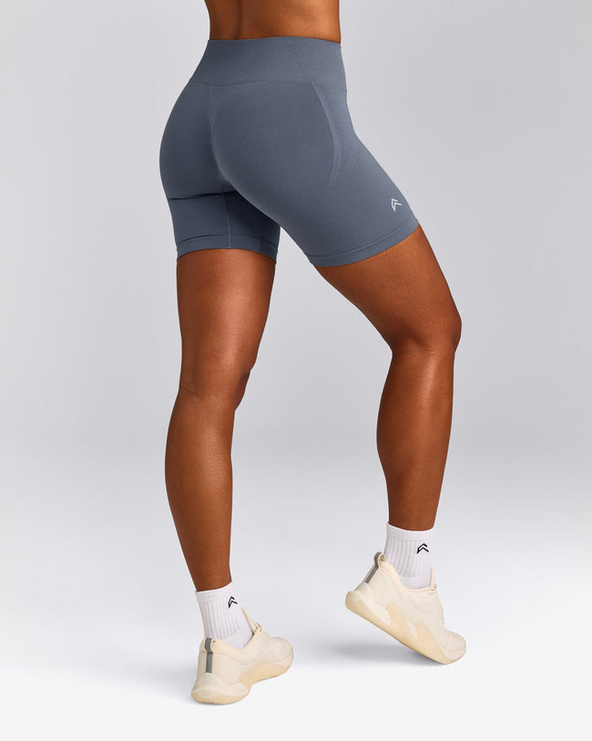 EffortlessLift™ Seamless Mid Rise Shorts with Gray Logo | Light Granite Blue