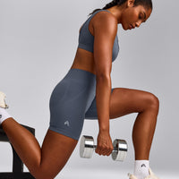 EffortlessLift™ Seamless Mid Rise Shorts with Gray Logo | Light Granite Blue