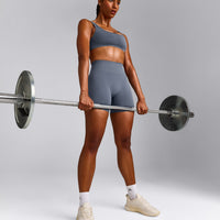 EffortlessLift™ Seamless Shorts with Gray Logo | Light Granite Blue
