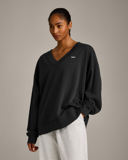Cotton Vintage Lounge V Neck Sweatshirt | Washed Black