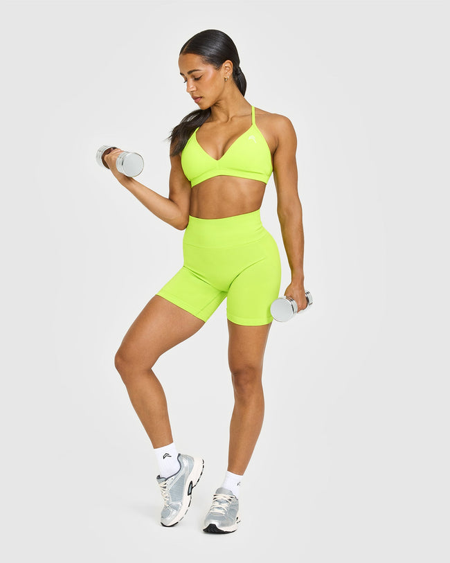 EffortlessLift™ Seamless Shorts with White Logo | Charged Lime Green