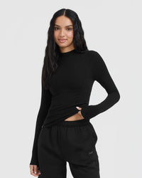 Mellow Rib Mock Neck Long Sleeve Top | Black