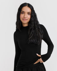 Mellow Rib Mock Neck Long Sleeve Top | Black