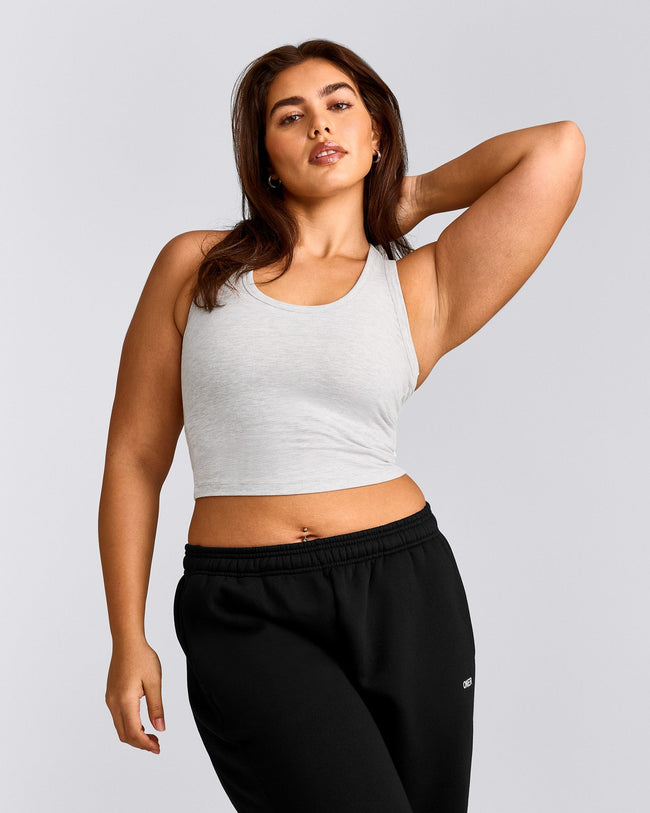 Cotton Fitted Mid Tank Top with Gray Logo | Light Gray Marl
