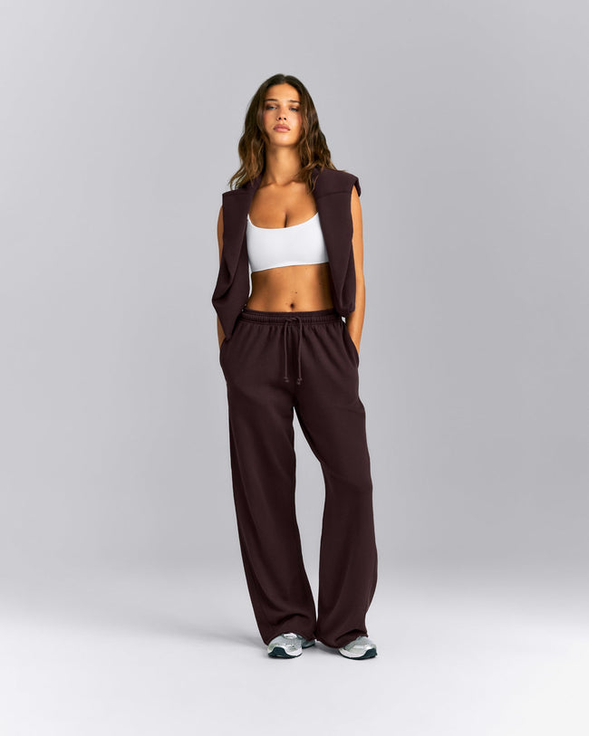 Cotton Vintage Lounge Wide Leg Joggers | Washed Plum Brown