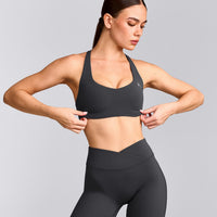 EasyLift™ Cross Back Sports Bra with Grey Logo | Coal