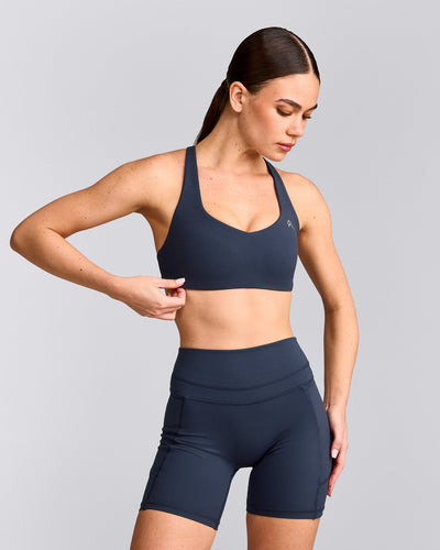 EasyLift™ Cross Back Sports Bra with Grey Logo | True Blue