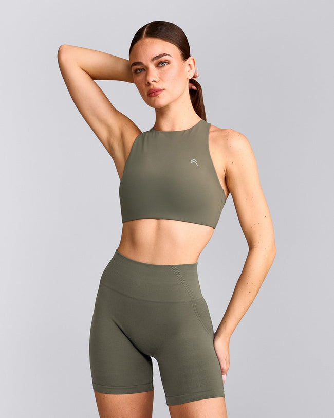 EasyLift™ High Neck Sports Bra with Grey Logo | Alpine Green
