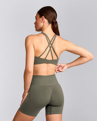 EasyLift™ High Neck Sports Bra with Grey Logo | Alpine Green