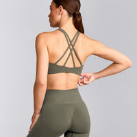 EasyLift™ High Neck Sports Bra with Grey Logo | Alpine Green