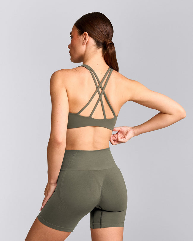 EasyLift™ High Neck Sports Bra with Grey Logo | Alpine Green