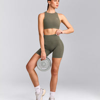 EasyLift™ High Neck Sports Bra with Grey Logo | Alpine Green