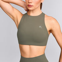 EasyLift™ High Neck Sports Bra with Grey Logo | Alpine Green